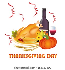 a lot of food with wine for thanksgiving day