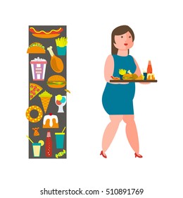 Food and woman icon for lifestyle infographic. Overweight girl with junk-food. Vector illustration