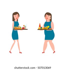 Food and women icons for lifestyle infographic. Overweight woman, unhealthy food and healthy eating slim girl. Vector illustration