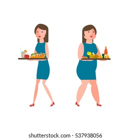 Food and women icons for lifestyle infographic. Overweight woman, unhealthy food and healthy eating slim girl. Vector illustration