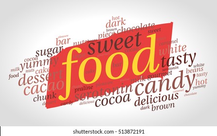 Food. Word cloud, red stroke of paint, gradient gray background. Revolutionary style.