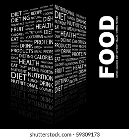 FOOD. Word Collage On Black Background. Illustration With Different Association Terms.