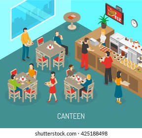 Food in workplace isometric poster with canteen lunch meals for company employees and director abstract vector illustration 