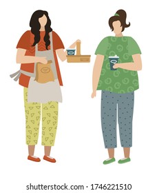 Food with you in ecopackage. The waiter takes the packaged food to the buyer. Lunch snack. Food delivery. Vector illustration. Template for banner or greeting card, flyer.