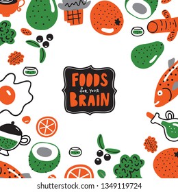 Food for your brain. Doodle illustration of different healthy food . Made in vector
