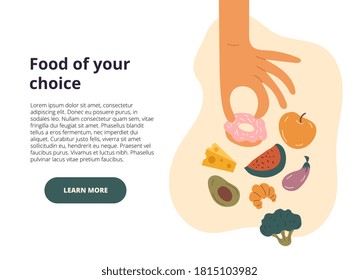 Food Of Your Choice web page template with hand reaching down to assorted fresh fruit and vegetables making a selection and copyspace, colored vector illustration