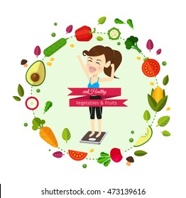 Food for your healthy and body. woman weight loss .Vector illustration cartoon concept.