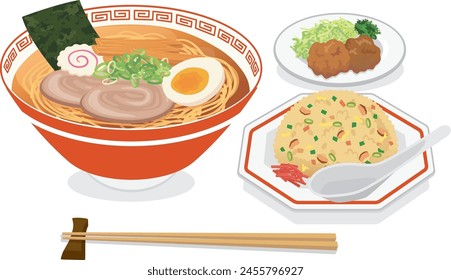 Food_Ramen set meal_Fried rice and Fried Chicken(white background)