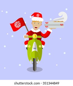Food-delivery boy in a Santa Claus suit on a scooter with boxes of pizza, flat design