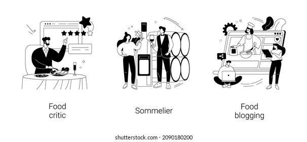 Foodie abstract concept vector illustration set. Food critic, sommelier and cook blogging, restaurant rating, culinary show, streaming, street food menu, wine service, review abstract metaphor.