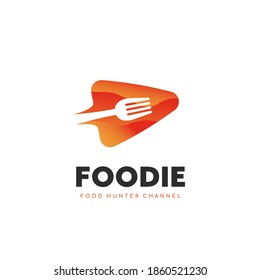 Foodie food hunter food lover video channel logo template icon symbol with negative space of fork illustration inside vector play button