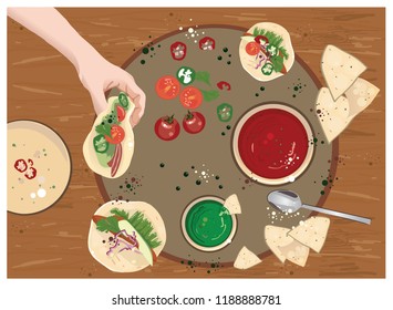 Foodie illustration with nachos, tacos, guacamole, tomato sauce