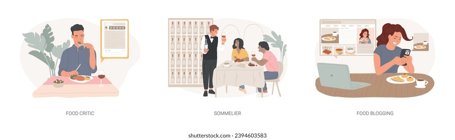 Foodie isolated concept vector illustration set. Food critic, sommelier and cook blogging, restaurant rating, culinary show, streaming, street food menu, wine service, review vector concept.