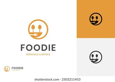 foodie logo icon design with eat emoticon symbol creative idea for delicious culinary vector logo template