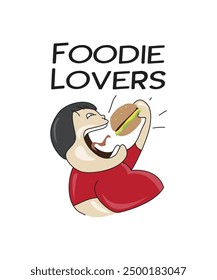 Foodie Lovers design illustration with cartoon boy open big mouth with burger in the hand