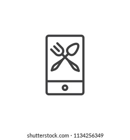 Foodie outline icon. linear style sign for mobile concept and web design. Fork and spoon on mobile phone screen simple line vector icon. Symbol, logo illustration. Pixel perfect vector graphics