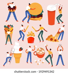 Foodie people. Tiny humans with huge food, eating, pulling and dragging burger, sushi and pizza, loving street food concept, vector characters, young woman and man modern illustration.