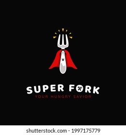 Logotipo de súper fork de superhéroe gourmet, restaurante de comida y bebida catering con el logo de un ícono de bifurcación y súper capa