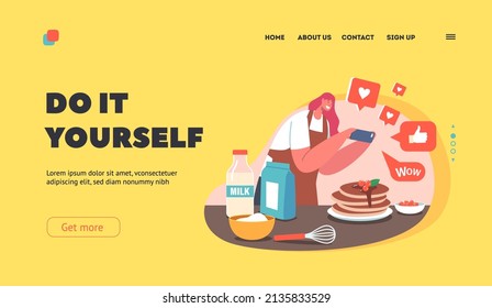 Foodie Vlog Streaming, Food Blogging Landing Page Template. Female Blogger Character with Smartphone Take Photo of Prepared Dish for Video Blog. Food Hunter Review. Cartoon People Vector Illustration