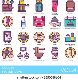 Foodies icons including food preparation, fermentation, carbonation, kombucha, kimchi, kefir, cured meat, catering service, daily special, gourmet walking tour, local host, truffle aioli, tamales.