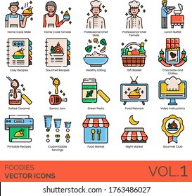Foodies icons including home cook, professional chef, lunch buffet, easy recipe, gourmet, healthy eating, gift basket, chocolate, chilies, salted caramel, savory jam, green pesto, food network, club.