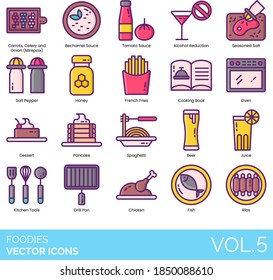 Foodies icons including mirepoix, bechamel sauce, tomato, alcohol reduction, seasoned salt, pepper, honey, french fries, cooking book, oven, dessert, pancake, spaghetti, beer, juice, kitchen tools.