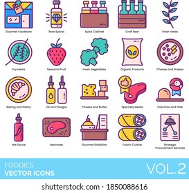 Iconos de alimentos como especias raras, cerveza artesanal, hierba seca, fruta de temporada, verduras frescas, productos orgánicos, queso, uvas, pastelería, aceite, vinagre, mantequilla, foie gras, patata, salsa picante, marinada.