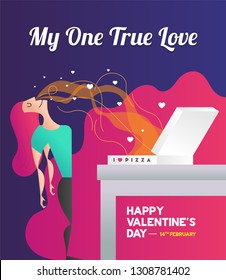 Food/Pizza Love Concept. Vector illustration of a girl and pizza box. Girl smelling pizza. Foodie Vector. Love is in the air. Valentine's Day Greetings