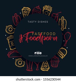 FoodPorn banner with FastFood dishes. Burger, French Fries, Soft Drinks and Coffee. Hand draw doodle background