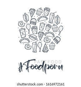 FoodPorn banner with FastFood dishes. Burger, French Fries, Soft Drinks and Coffee. Hand draw doodle background