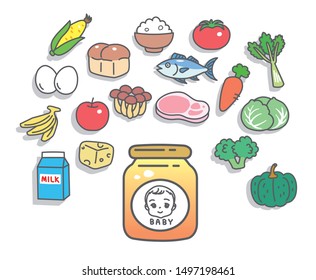 Foods for baby. Vector illustration.