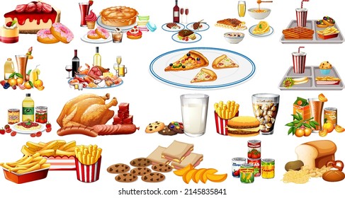 Foods and beverages set illustration