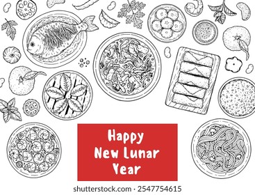 Foods of Chinese Lunar New Year. Ilustração de vetor desenhada à mão. Esboço de comida chinesa. Menu Feriado. Modelo de desenho de alimentos.