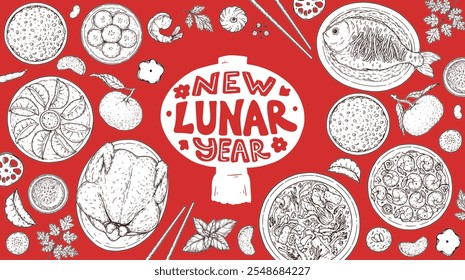 Foods of Chinese Lunar New Year. Ilustração de vetor desenhada à mão. Esboço de comida chinesa. Menu Feriado. Modelo de desenho de alimentos.