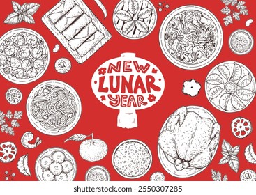 Foods of Chinese Lunar New Year frame. Hand drawn vector illustration. Chinese Food sketch. Holiday menu. Food design template.