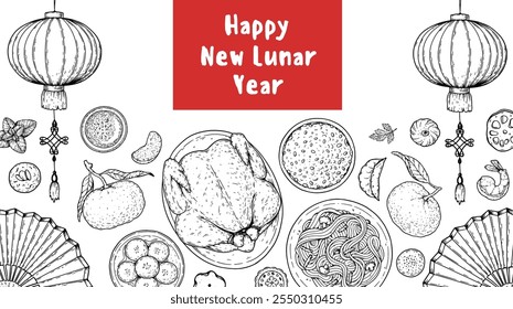 Foods of Chinese Lunar New Year frame. Hand drawn vector illustration. Chinese Food sketch. Holiday menu. Food design template.