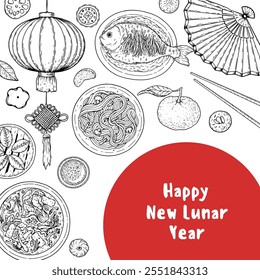 Foods of Chinese Lunar New Year. Hand drawn vector illustration. Chinese Food sketch. Holiday menu. Food design template.