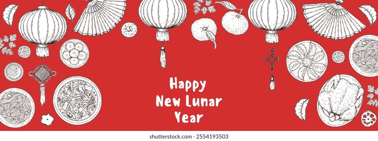 Foods of Chinese Lunar New Year frame. Hand drawn vector illustration. Chinese Food sketch. Holiday menu. Food design template.
