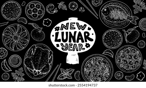 Foods of Chinese Lunar New Year frame. Hand drawn vector illustration. Chinese Food sketch. Holiday menu. Food design template.