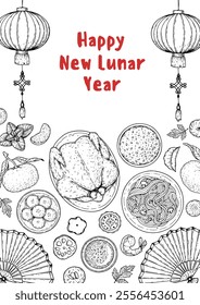 Foods of Chinese Lunar New Year frame. Hand drawn vector illustration. Chinese Food sketch. Holiday menu. Food design template.	