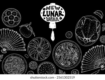 Foods of Chinese Lunar New Year frame. Hand drawn vector illustration. Chinese Food sketch. Holiday menu. Food design template.