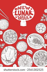 Foods of Chinese Lunar New Year frame. Hand drawn vector illustration. Chinese Food sketch. Holiday menu. Food design template.
