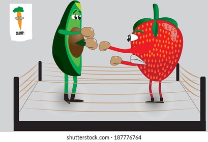 Foods in Conflict Series/Avocado vs. Strawberry, sparring in a boxing ring surrounded by ropes, wearing boxing gloves with a carrot poster in the background