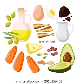 Foods containing healthy fats. High fat food isolated on white. Olive oil, avocado, fish, nuts, cream, eggs, cheese, dark chocolate. Organic health care products. Healthy nutrition product.