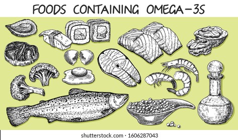Foods Containing Omega-3s. Healthy lifestyle. Balanced diet. Healthy heart and cardiovascular system. Basics of healthy nutrition. Food on a light background. Fish, caviar, broccoli, butter, nuts.