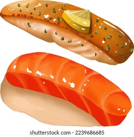 Foods containing salmon have salmon steak and salmon rice ball.