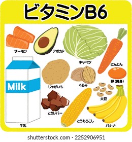 Foods containing vitamin B6. Japanese text meanings are: salmon, avocado, cabbage, carrot, milk, walnut, potato, chicken liver, corn, banana, soybean, egg (egg yolk).