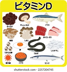 Foods containing vitamin D. Japanese text meanings are cloud ear mushroom, shiitake, sardine, maitake, shimeji, tuna, yellowtail, egg, eel, whitefish, ultraviolet, salmon roe, saury