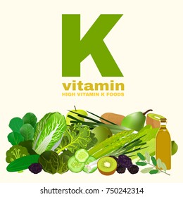 Foods containing vitamin K on a light background. Source of vitamin K - greens, fruits, vegetables, salads, olive oil with a big letter. Medical, healthcare and dietary concept. Vector illustration.