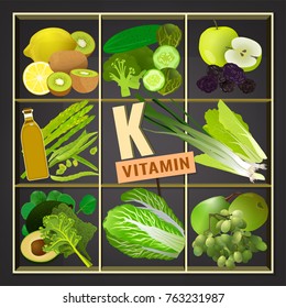 Foods containing vitamin K on a dark grey background. Source of vitamin K - vegetables, salads, greens, fruits, oils. Medical, healthcare and dietary creative concept. Vector illustration.